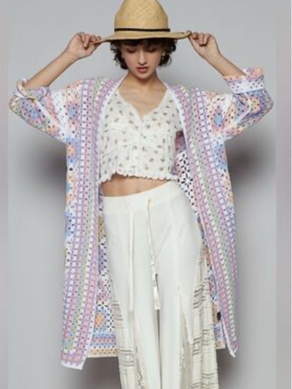 NWOT POL Pastel Granny Square Crochet Longline Duster Cardigan